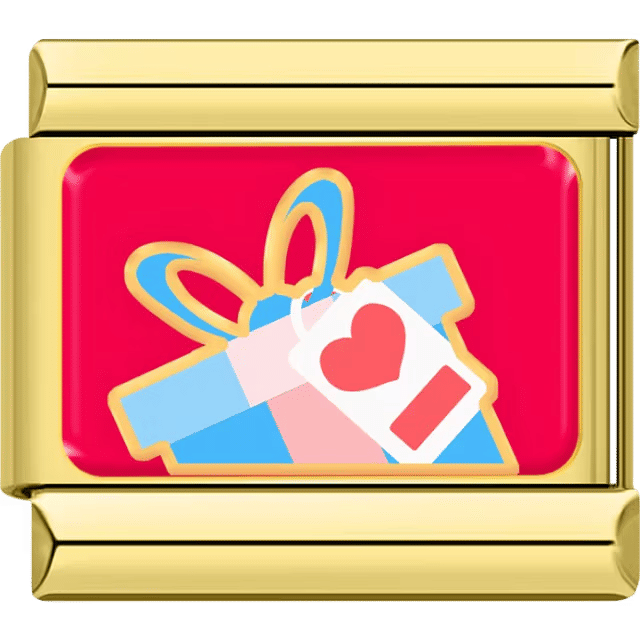 Blue and pink gift box with heart tag on red background, on a gold Italian charm link